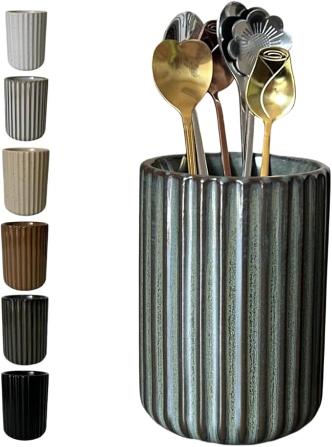 Stoneware Coffee Bar Utensil Holder Tea & Coffee Spoon & Stirrer Holder for Stir Stick Straw Teaspoon Holder Spoon Cup Small Utensil Jar Fluted Vertical Stripe (Bronze)