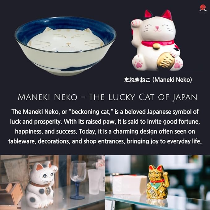JapanBargain, Set of 4 Japanese Porcelain Bowls, Large 7.5 Inch Ramen Udon Noodle Rice Soup Pho Poke Cereal Bowl, Maneki Neko Smiling Lucky Cat Pattern, Blue, Made in Japan