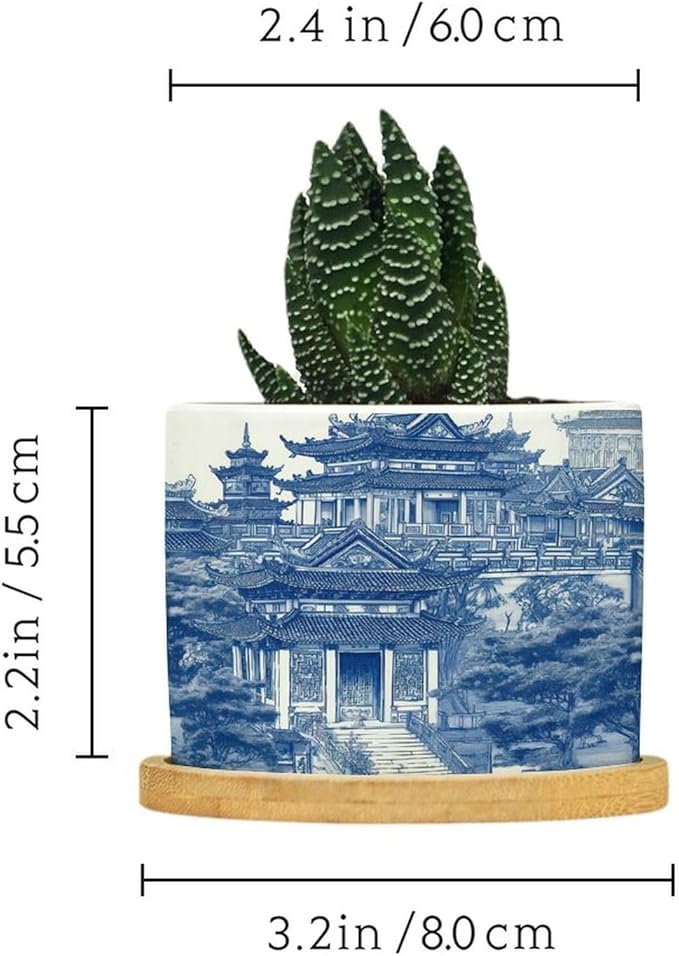 Planters Ceramic Chinoiserie Blue And White Porcelain Pattern Ceramic Pots with Drainage Holes Round Flowerpot Bamboo Tray Plant Pots for Succuelnt And Little Snake Plants Pots for Nana Grandma