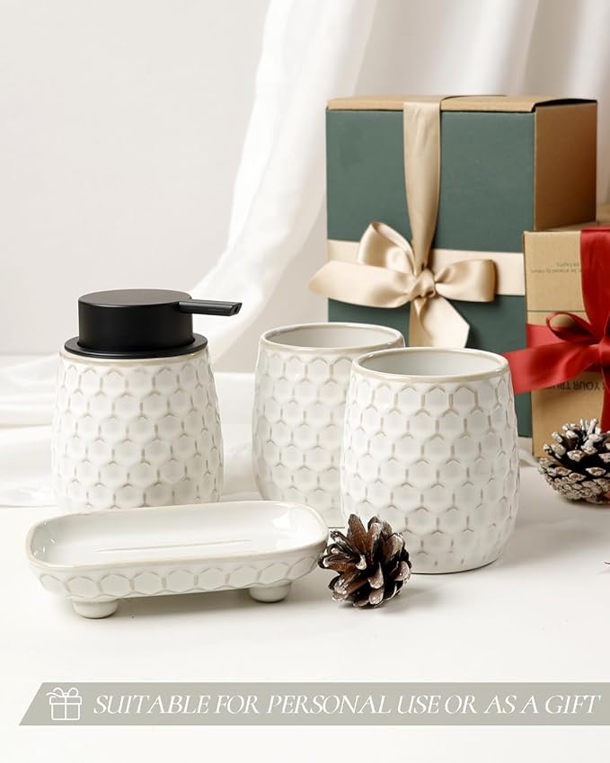Bathroom Accessory Set 4PCS, Ceramic Bathroom Accessories Set, Foaming Soap Dispenser Set Complete, White Honeycomb Design, Home Apartment Modern Bath Decor Vanity Countertop, ANTIS'S HOME
