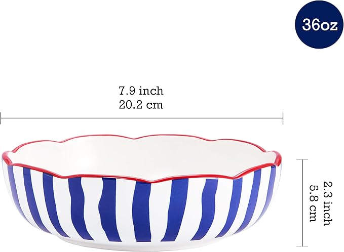 Bico Ocean Wonders Scalloped Pasta Bowls, 36oz Salad Bowl Set of 4, Large Ceramic Serving Dinner Bowls for Soup and Cereal, Microwave and Dishwasher Safe, Gift for Housewarming and Holiday
