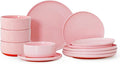 12 Piece Dinnerware Set, Dual Glaze Stoneware Plates and Bowls Sets, Modern Dinner Plate, Salad Plate, Cereal Bowl, Dish Set for 4, Microwave and Dishwasher Safe, Pink