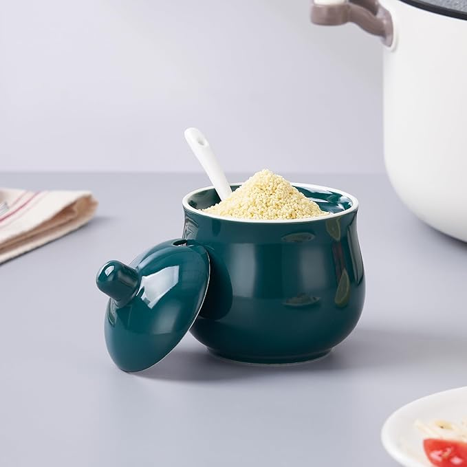 Ceramic Sugar Bowl with Lid and Spoon, Green Porcelain Sugar Salt Pepper Storage Jar, 7 Ounces