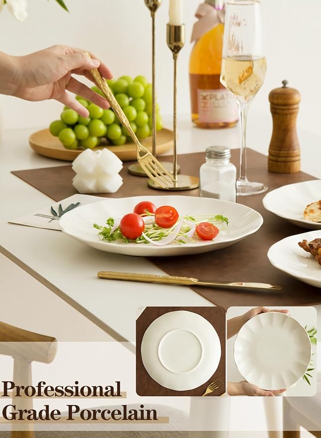 10.5 Inch Porcelain Large Dinner Plates Set of 8,White Round Petal Appetizer Salad Plates, Ceramic Dinnerware Serving Plate for Pancakes, Steak, Pasta, Pizza, Microwave, Dishwasher Safe