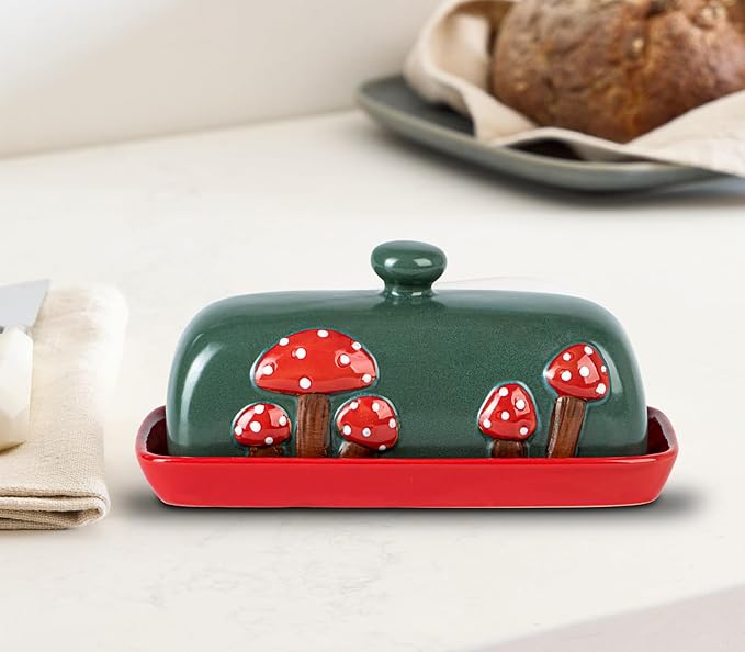 Mushroom Ceramic Butter Dish With Lid for Countertop - Red Container Tray, Large Covered