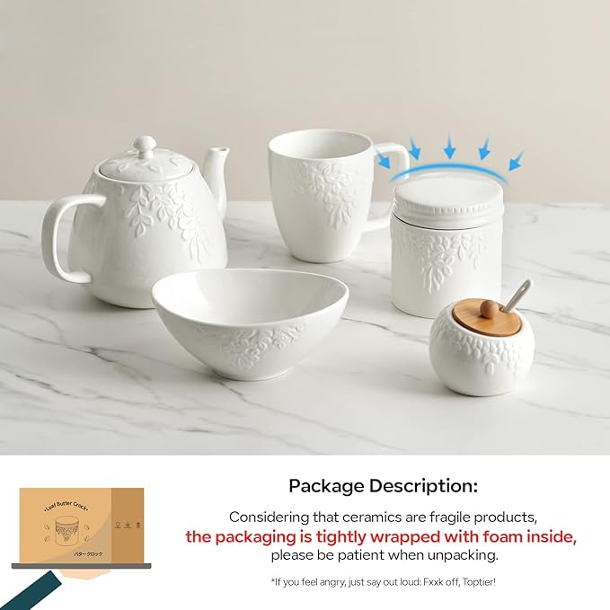Toptier Butter Crock for Counter With Water Line, On Demand Spreadable Butter, Ceramic Butter Keeper to Leave On Counter, French Butter Dish with Lid (White Leaf)