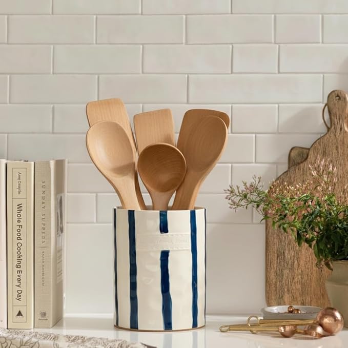 JIEMEI HOME Kitchen Utensil Holder, 7.2" Ceramic Stable Utensil Crock for Countertop, Modern Minimalism Style Cooking Tool Organizer with Cork Mat, Spatula Holder For Kitchen Decor, Blue stripes