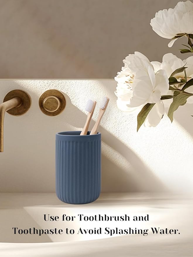 INGOFIN Ceramic Toothbrush Holder, 12 oz Toothpaste Holder Bathroom Cup, Tooth Brush Holder for Vanity Countertop, Organizer Storage for Cosmetic, Makeup, Office Pencils, Matte Blue
