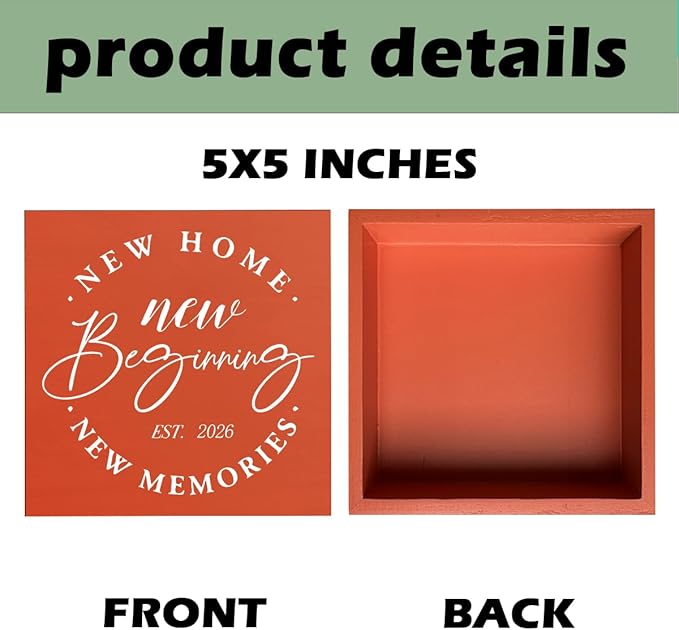 MUBIAO Rustic 2026 New Home Housewarming Gifts Ideasfor Women Men Friend Home Desk Shelf Decor - 5.1 x 5.1 Inches New Memories Decor Accessories - Orange