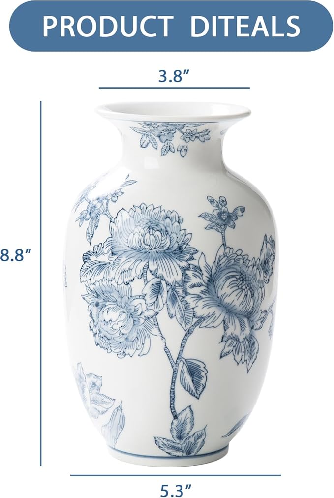 Blue and White Vase for Home Decor, Ceramic Chinoiserie Vase Decor, Porcelain Vases, Flowers and Branches