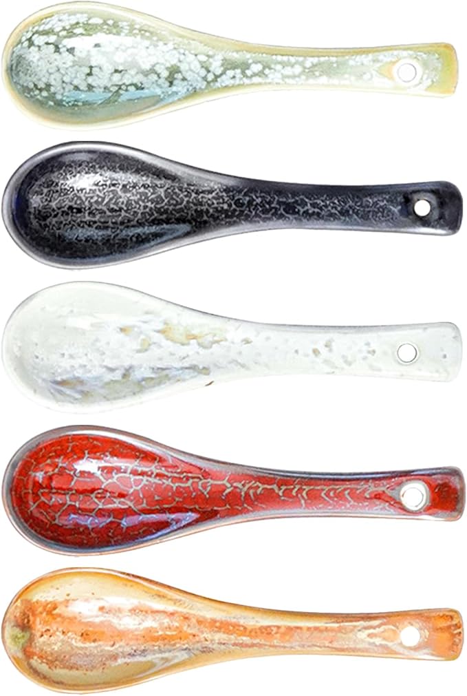 10PCS Asian Ceramic Soup Spoons with Handle Non-slip Design Tableware for Ramen Wonton Noodle Soup Dinnerware Kitchen Accessories - Colorful
