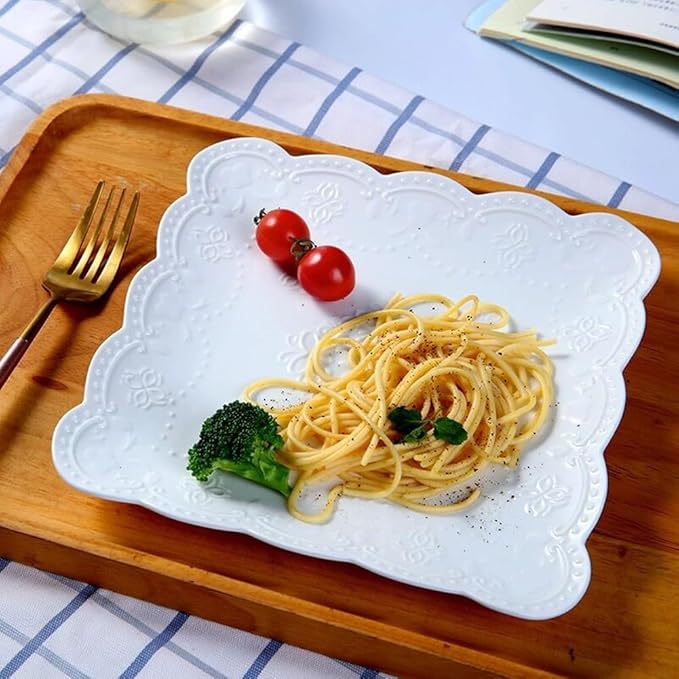 Eplze YBK Tech Elegant Square Embossed Lace Plate Bone China Dessert Plate Ceramic Plate for Breakfast Afternoon Tea (White, 10-inch)