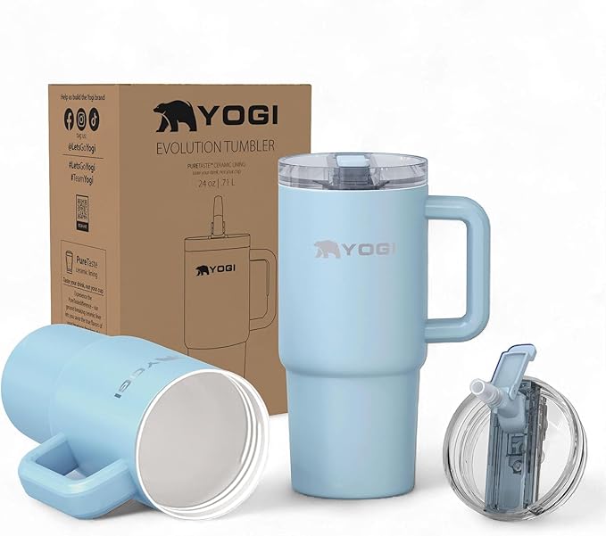 YOGI Ceramic Lined Metal Allergy Safe 24oz Tumbler with Handle and Straw Leakproof Flip & Sip Lid Vacuum Insulated Stainless Steel Travel Cup for Iced Coffee Water and All-Day Hydration 24oz Cielo