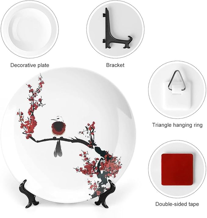 XISUNYA 6 Inch Decorative Plate, Janpese Decor Ceramic Plate, Bird on Cherry Tree Summertime Classic Asian Print Ceramic Wall Hanging for Home & Office Wall Hanging Decor