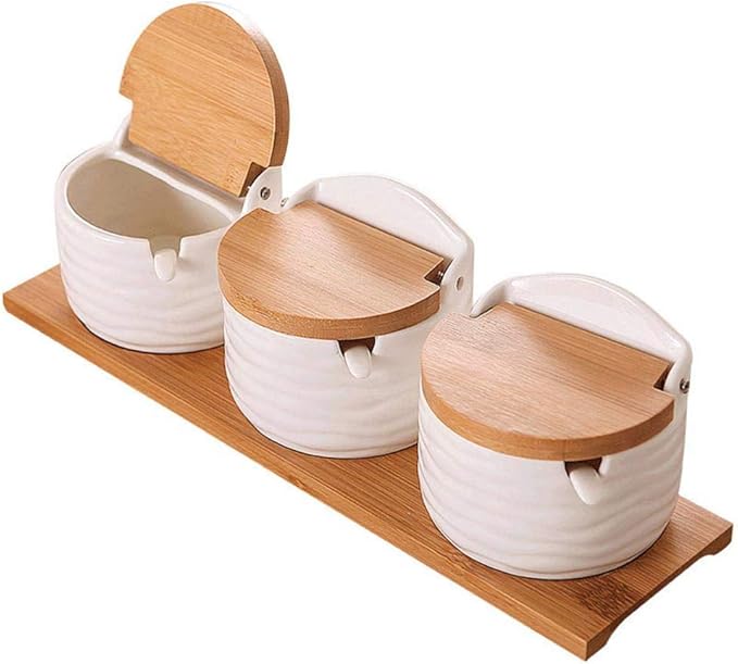 Ceramics Storage Jar Porcelain Condiment Jar Spice Container with with Flip Lid and Spoon - Best Creative Seasoning Box for Your Home, Kitchen, Counter (3)