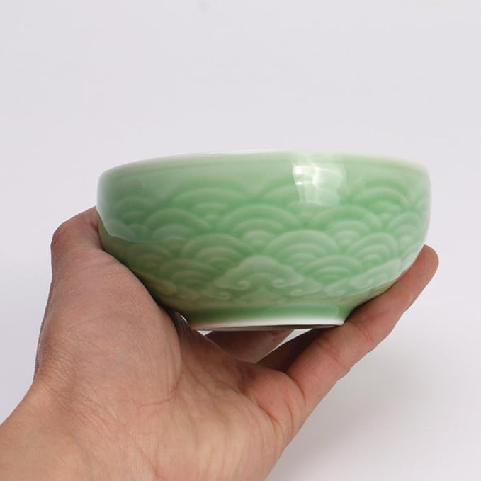 Chinese Rice Bowls 10-Ounce Celadon Glazed 4.5Inch Cereal Bowl with Emblazonry(Set of 4) (Green01)