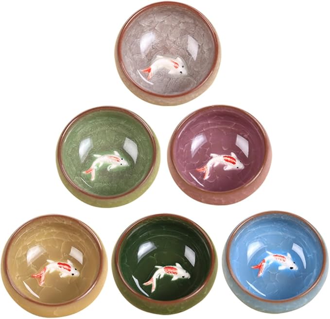Mikinona 6pcs Ceramic Fish Teaware Set Handmade Tea Cup Set Vintage Chinese Design Asian Tea Cup