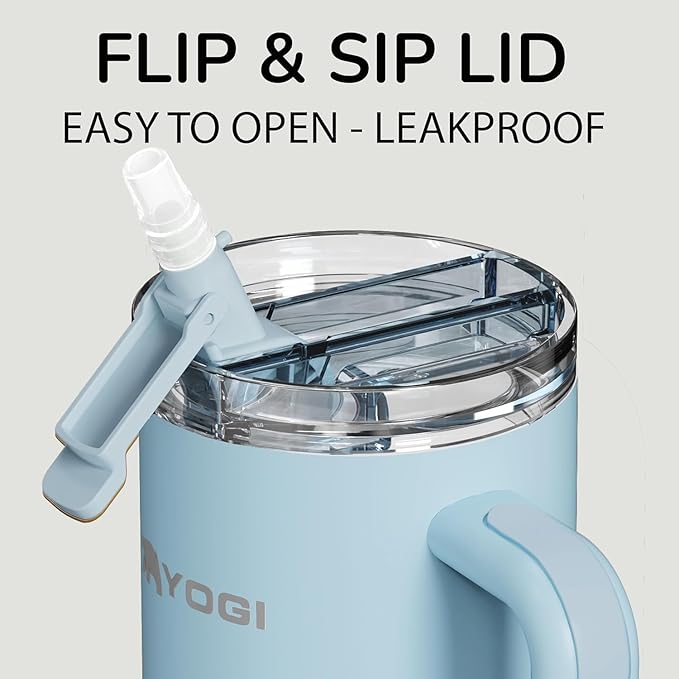 YOGI Ceramic Lined Metal Allergy Safe 40oz Tumbler with Handle and Straw Leakproof Flip & Sip Lid Vacuum Insulated Stainless Steel Travel Cup for Iced Coffee Water and All-Day Hydration 40oz Cielo