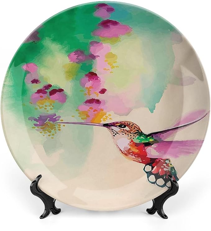 XISUNYA 10 Inch Decorative Plate, Hummingbird Ceramic Plate, Colibri Bird Flowers Spring Tropics Theme Print Ornament Display Plate Handmade Plate Wedding Christmas Thankgiving Gifts