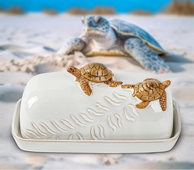 Turtle Stylish Ceramic Butter Dish Covered with Lid and Handle - Modern Countertop Butter Storage