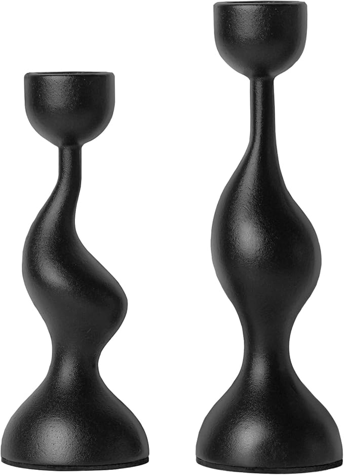 Smtyle Modern Sculptural Black Candle Stick Holders Cast-Aluminum Taper Set of 2 (7″ & 8″) Dual-Height Candlesticks for Dining Table Wedding or Home Decor