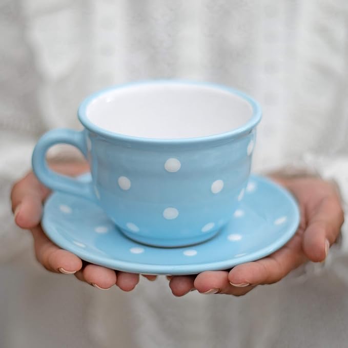City to Cottage Handmade Light Sky Blue and White Polka Dot Large Ceramic 12oz/350ml Cappuccino Coffee Tea Cup and Saucer, Unique Designer Pottery Gift for Tea Lovers