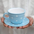 City to Cottage Handmade Light Sky Blue and White Polka Dot Large Ceramic 12oz/350ml Cappuccino Coffee Tea Cup and Saucer, Unique Designer Pottery Gift for Tea Lovers