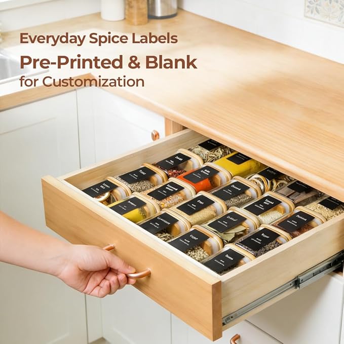 ComSaf 12Pcs Spice Jars with Labels, Glass Jar with Bamboo Lid, 4oz Airtight Square Spice Containers with Black Lables, Empty Seasoning Jars for Spice, Salt, Pepper, Sugar