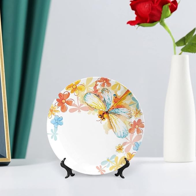 XISUNYA 7 Inch Decorative Plate, Dragonfly Ceramic Plate, Abstract Grunge Vintage Moth with Spring Flowers Frame Print Ceramic Wall Hanging Decor Accessory for Dining Table Tabletop Home Decor
