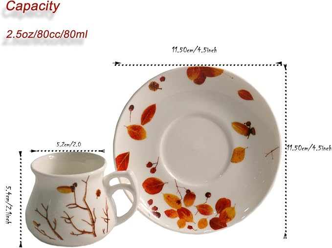GuangYang 2.5 oz Espresso Cups and Saucers set of 6,Fall Design (Cute Shape for Double Espresso Shots, Ristretto, Macchiato,Café Cubano, and Turkish Coffee)