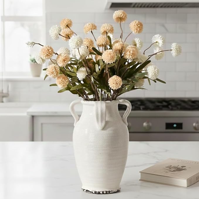 White Ceramic Vase with 4 Handles, 10.16" Tall Retro Ice Cracked Flower Vase, Antique Vases for Modern Farmhouse Home Decor, Wedding, Living Room, Table, Shelf Decor, Cracked White