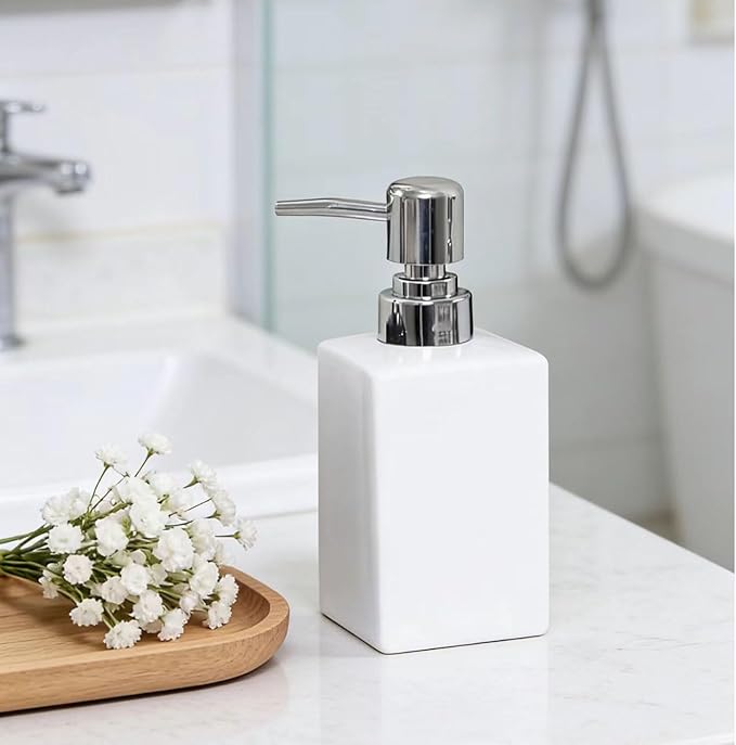 11OZ White Soap Dispenser,Modern Marble Square Liquid Dish Countertop Lotion Hand Dispenser for Bathroom Kitchen Farmhouse Hotel