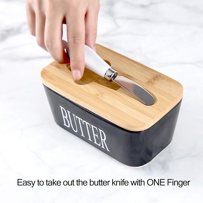 Hasense Porcelain Butter Dish with Bamboo Lid - Covered Butter Keeper with Butter Knife for Countertop, Airtight Butter Container with Cover for East West Coast Butter, Black