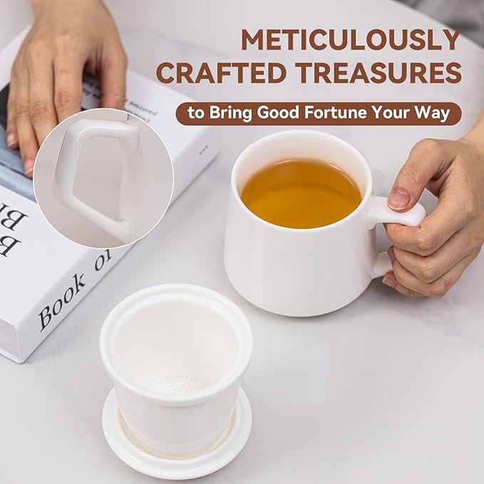 Ceramic Tea Mug with Infuser & Lid - 15.2oz Glowing Jade Porcelain Mug - Translucent Artisan Cup - Loose Leaf Tea Cup with Infuser,Insulated Ceramic Coffee Mugs with Lid, Gift for Women/Men