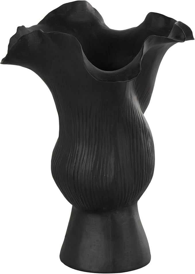 Deco 79 Ceramic Abstract Floral Inspired Vase with Wavy Folded Rim and Linear Grooves, 8" x 7" x 11", Black
