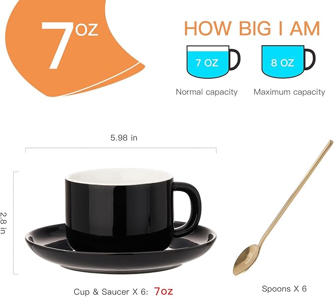 8oz Cappuccino Cups Set of 6, Ceramic Coffee Cups and Saucers Set with Spoons, Black Durable Coffee Cups for Cappuccino Espresso Latte Mocha Au Lait Macchiato Cafe
