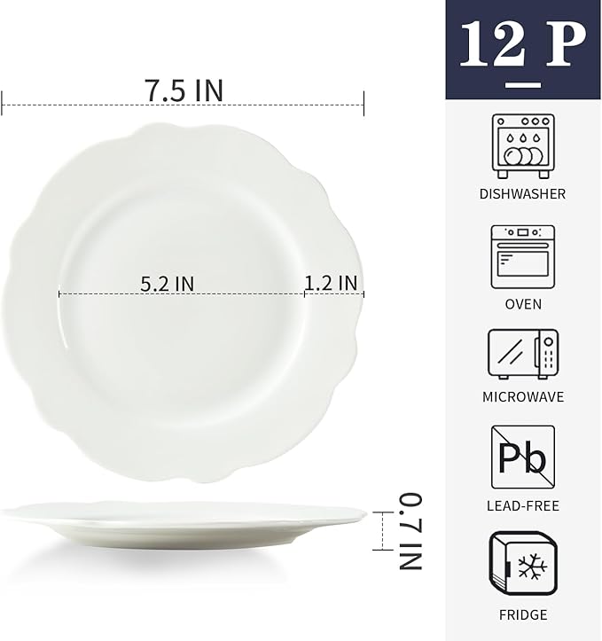 7.5 Inch Porcelain Small Dinner Plates Set of 12, White Leave Wave Rim Appetizer Plates, Dessert Salad Plates, Ceramic Serving Dishes for Cake, Snack, Ice Cream, Waffles, Microwave, Dishwasher Safe