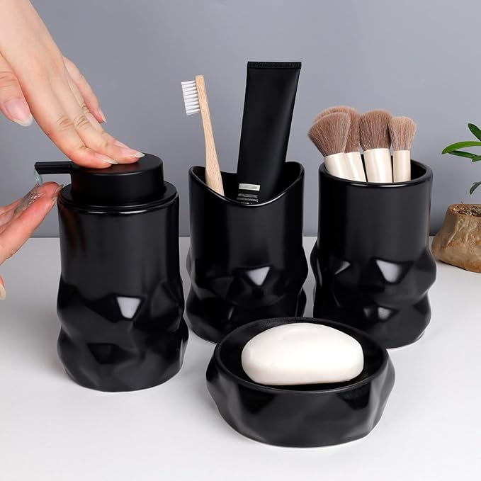 BosilunLife Modern Ceramic Bathroom Accessories Set, Bathroom Counter Set Matte Black Bathroom Decor Sets Accessories Bathroom Lotion Soap Dispenser, Toothbrush Holder Set, Soap Dish, Apothecary Jars