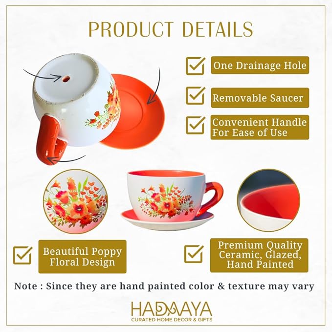 7.5" Round Ceramic Teacup Shape Planter Pot with Saucer for Succulents Orchids Herbs Cactus Indoor Houseplants Flowers for Valentines Day Gift – Orange Poppy Floral