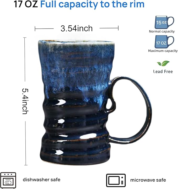 17oz Large Unique Cool Tall Handmade Ceramic Coffee Mug with Comfortable Big handle, Big Pottery Tea Mug, Artisanal Stoneware Coffee cup, Rustic Lead-free Tea Cups, Microwave safe Coffee Cup