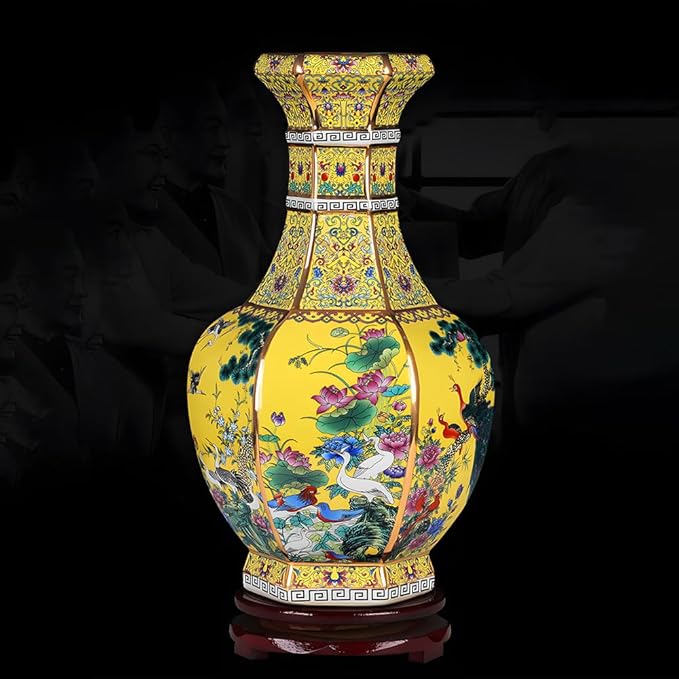 10 Inch Ceramic Vase - Chinese Cloisonné Antique Vase for Home Decor, Yellow Background with Phoenix & Peony Patterns, Gift for Women