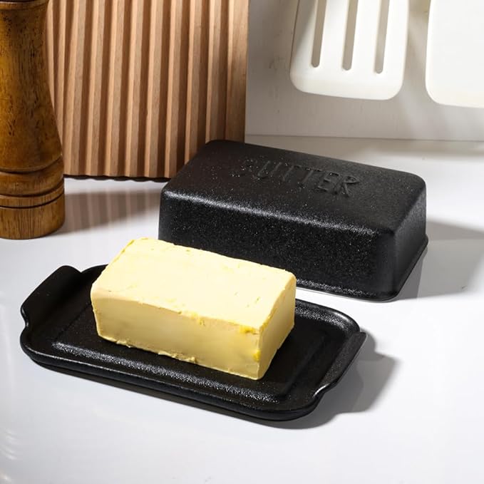 Porcelain Covered Butter Dish with Lid for Countertop Butter Holder Container for One Stick of Butter. Textured Tray Butter Keeper for Non Slip Storage-BLACK SMALL