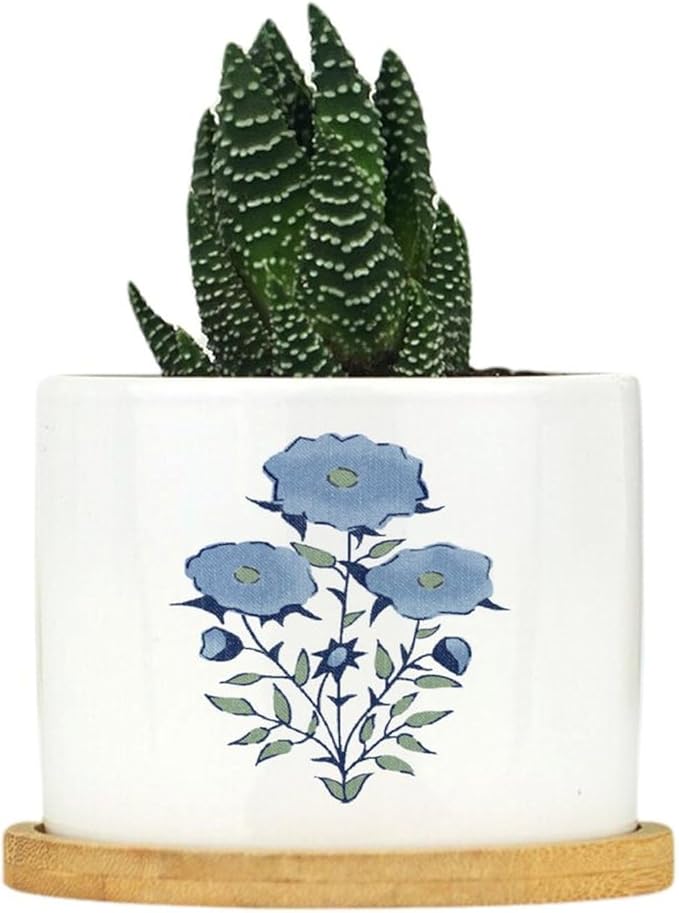DreamAutumn Blue Flower Ceramic Pots for Plants with Drainage Holes Round Flower Pot Bamboo Tray Orchid Pot Succulents Pots for Outdoor Indoor Plants,Housewarming Gifts