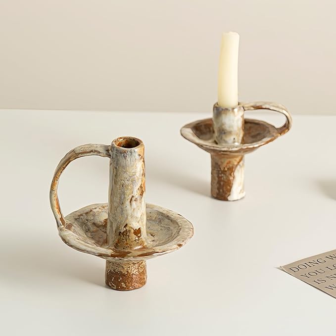Taper Candle Holders, Vintage Ceramic Pillar Brass Candle Holder, Handmade Candlesticks Holders, Candle Sticks Holder Decor 7/8" ID Set of 2