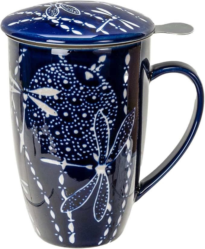 Urban Tokyo Tea Mug With Lid and Stainless Steel Infuser For Loose Leaf Tea Bag Tea Cup 15oz Porcelain Hot Beverage Everyday Use Home Office (Dragonfly Tombo)