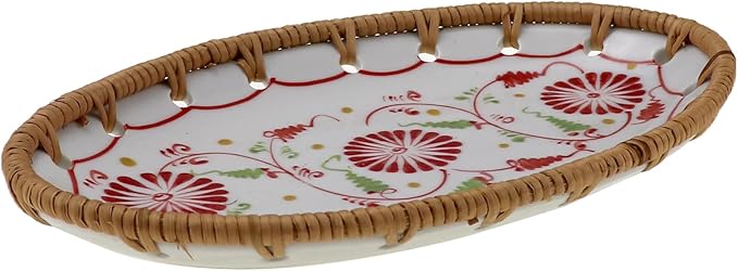 Mini Rattan Ceramic Tray, Oval Fruit/Bread/Cookie/Jewelry Small Storage Porcelain Serving Plate, Vintage Decorative Display Plate for Coffee Table Home Decor Wedding Party Gift (Red Flower)