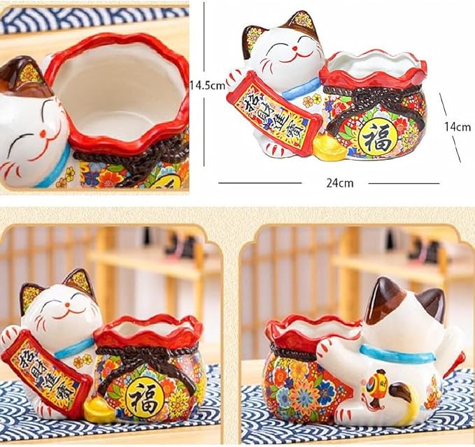 EatingBiting 9.4"x5.7" Japanese Ceramics Maneki Neko Cat & Lucky Money Pocket Ornament Collectible Figurine Storage Box Decoration Ornamental Art Sculpture Home Decor Decorative Beckoning