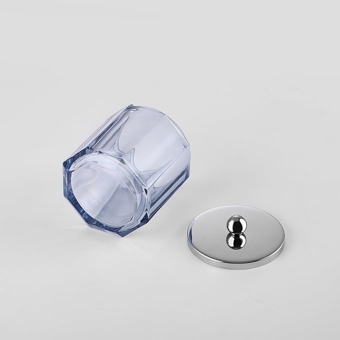 Light Blue Translucent Apothecary Octagional Shaped Glass Canister Jar With Metal Lid Cover for Bathroom Organization, Cotton Balls, Q Tips, and Small Accessories, Bathroom Storage