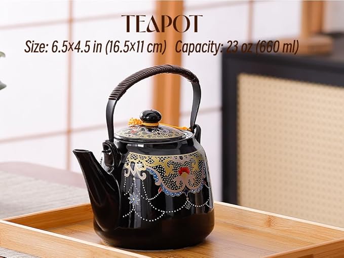 Japanese Tea Set for Adults, Japanese Teapot Set with 1 Teapot (32oz/920ml), 6 Tea cups (4.5oz/130ml), 1 Tea Tray, 1 Stainless Infuser, Kiln altered glaze Porcelain tea set (Jeweled Necklace)