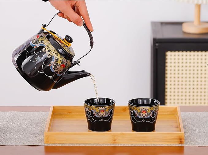 Japanese Tea Set for Adults, Japanese Teapot Set with 1 Teapot (32oz/920ml), 6 Tea cups (4.5oz/130ml), 1 Tea Tray, 1 Stainless Infuser, Kiln altered glaze Porcelain tea set (Jeweled Necklace)